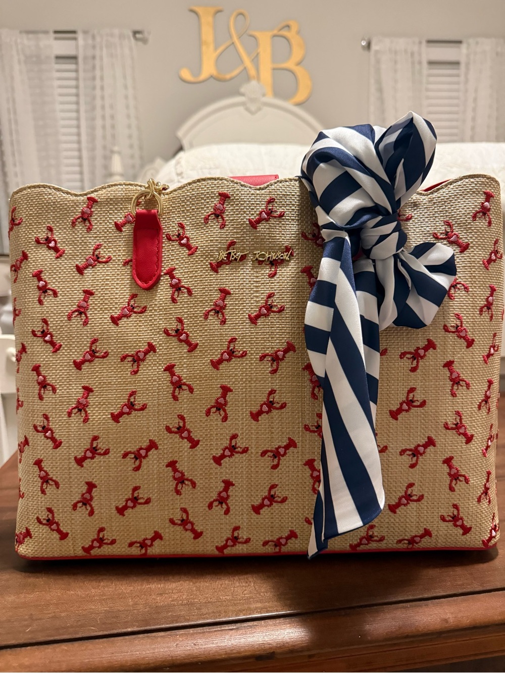 Betsey Johnson Red Lobster Embroidered Straw Tote with Navy Stripe Bow